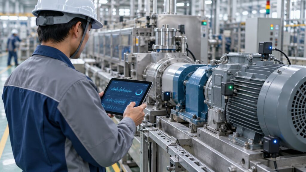 設備センサーのデータを確認する工場技術者