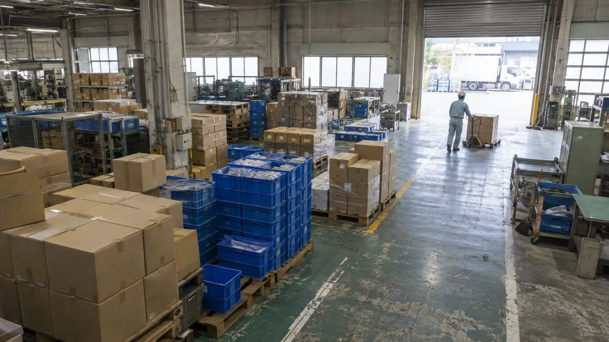 Receiving area of a factory with cartons and plastic totes of purchased parts