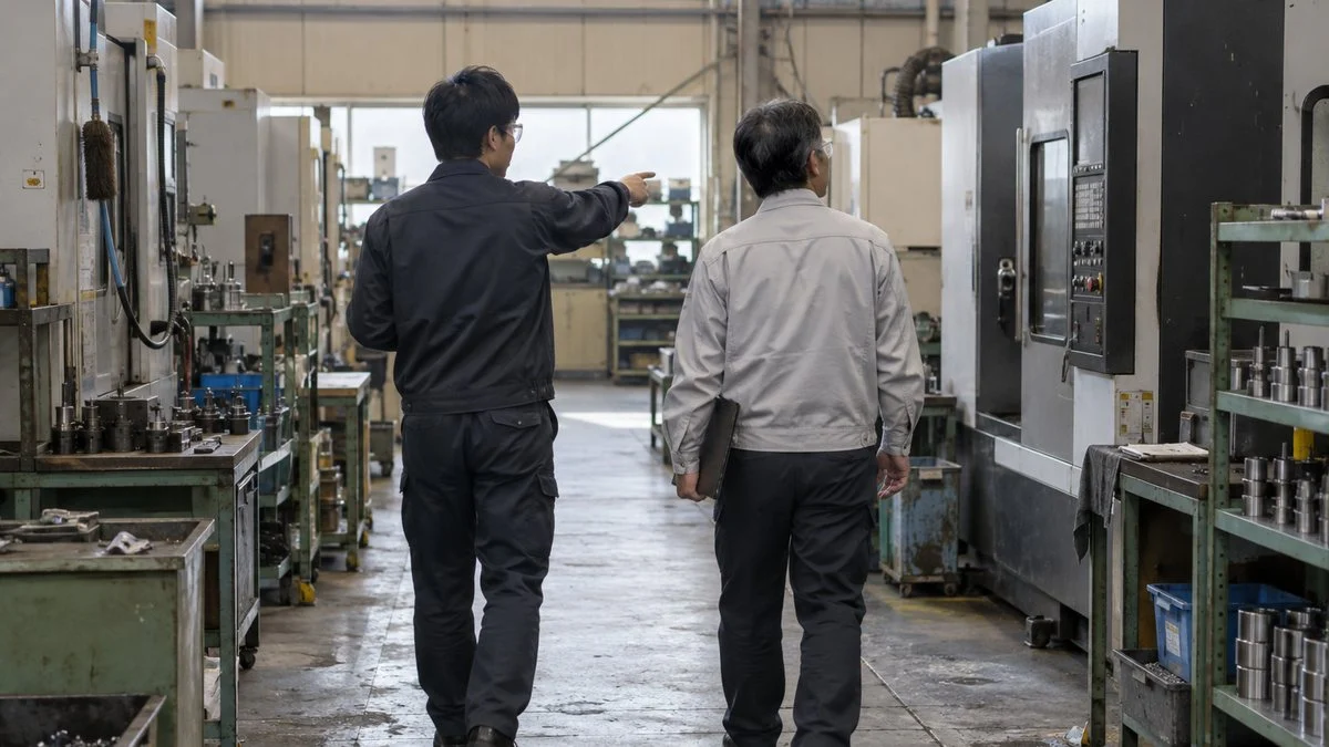 Two people walking through a supplier's machining shop