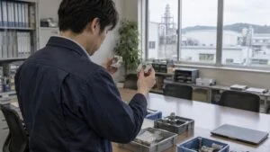 部品サンプルを手に取って比べる購買担当者の後ろ姿