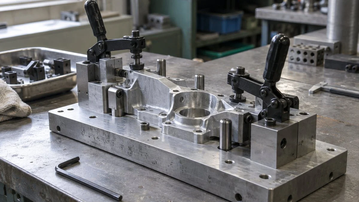 Assembly jig with toggle clamps and locating pins on a workbench