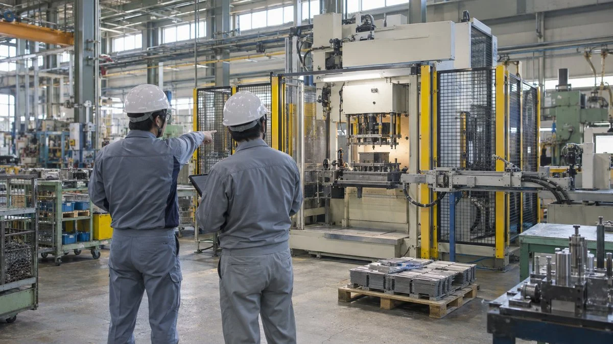Two engineers in hard hats reviewing a newly installed press during a trial run