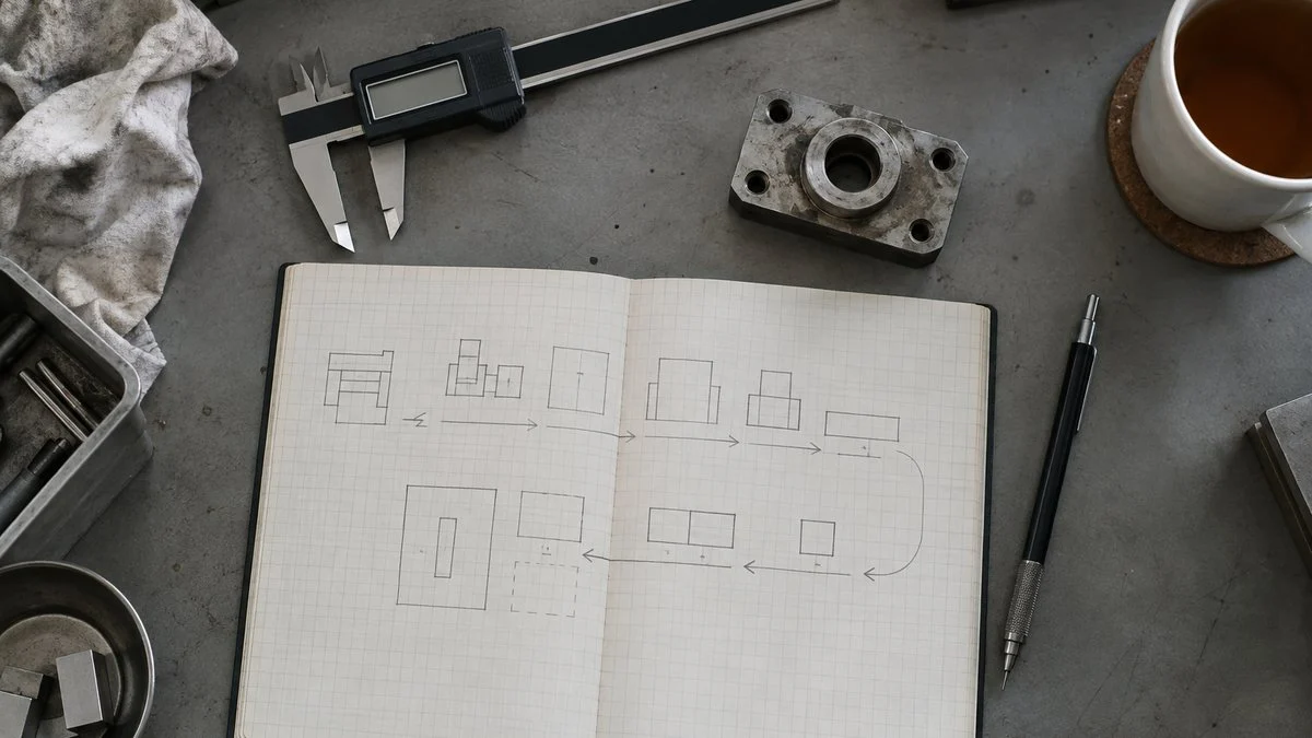 Calipers, a machined part, and a notebook with a line layout sketch on a desk