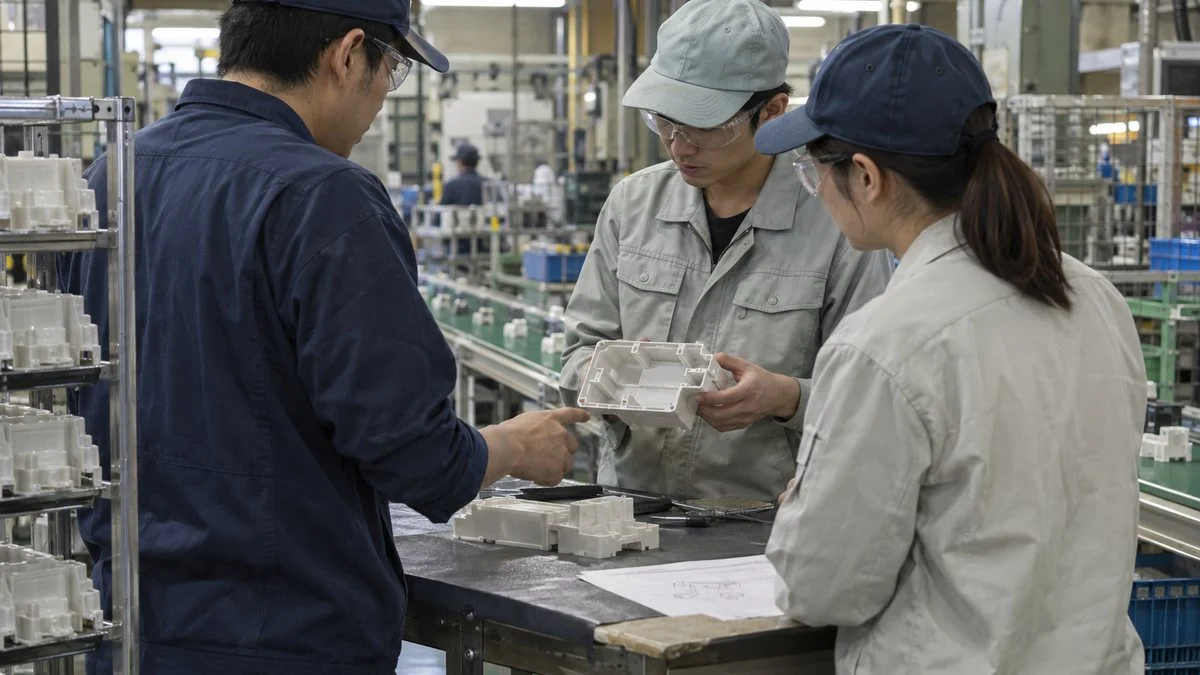 Three factory staff discussing a prototype part next to a production line