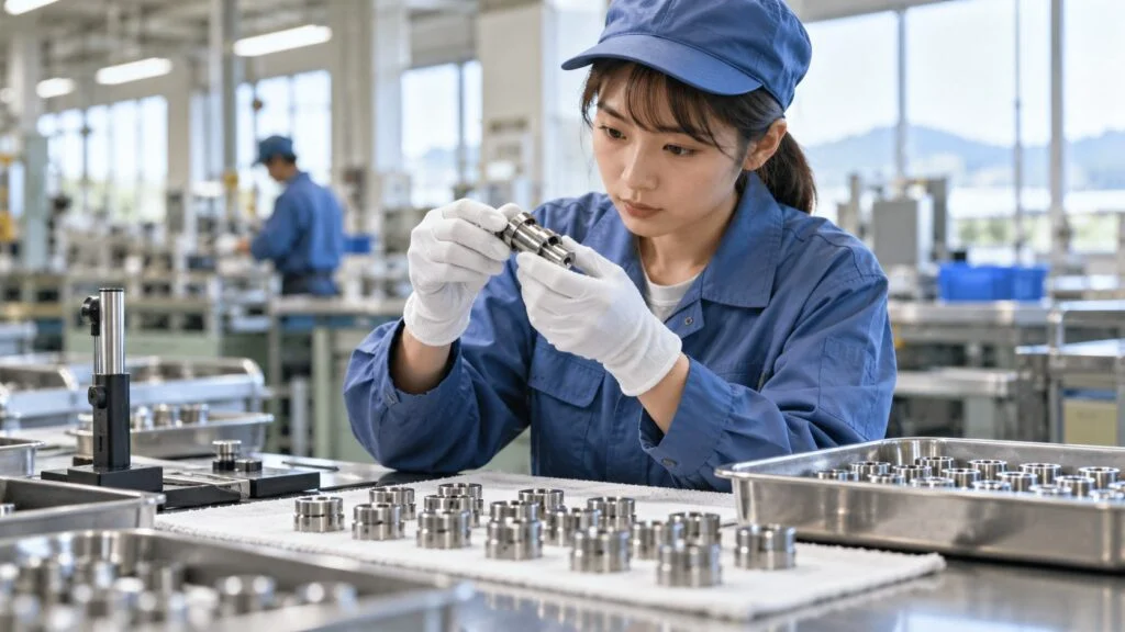 Inspector in gloves checking a machined part before shipment