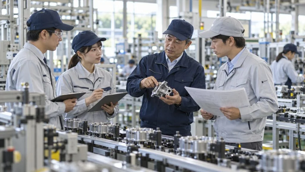 Quality assurance, production, and design staff discussing a part on the production line