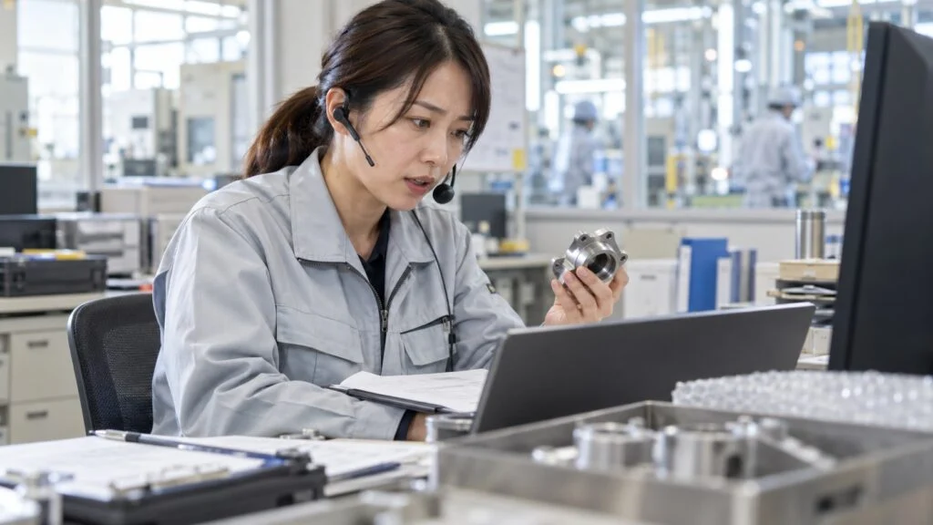 Quality assurance engineer on a headset call, holding a defective part at her desk