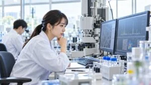 分析装置のデータを見て考察する研究者