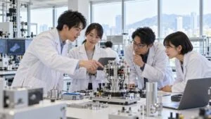 研究所で試作品を見ながら議論する研究者たち