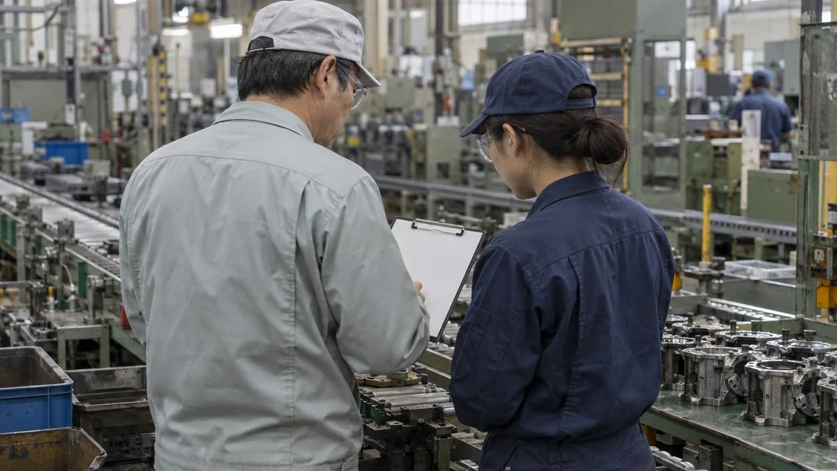 組立ラインの横で作業者と面談する現場のリーダー