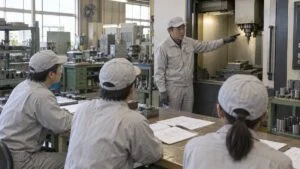 工場内の一角で機械の前に集まり説明を受ける作業者たち