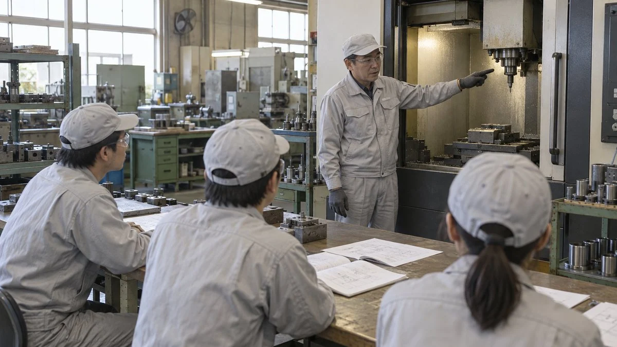 工場内の一角で機械の前に集まり説明を受ける作業者たち