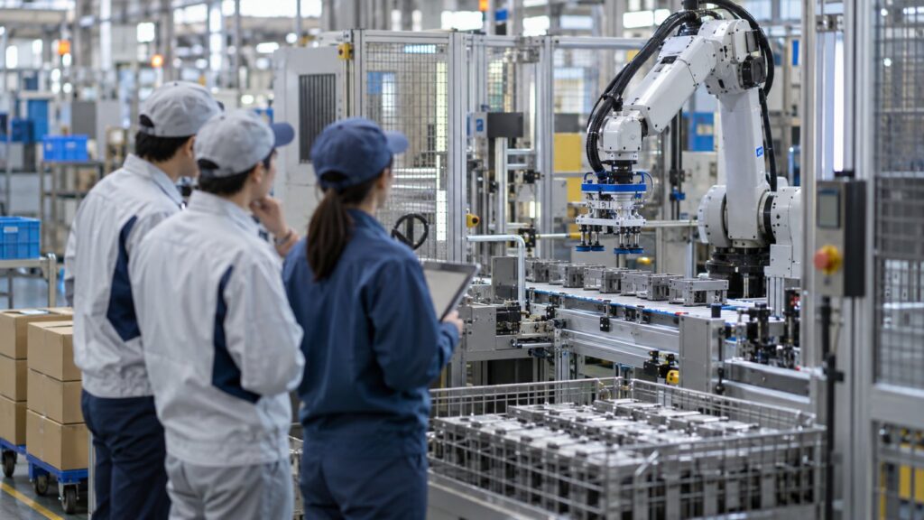 技術者が稼働中のロボット生産ラインを確認する様子