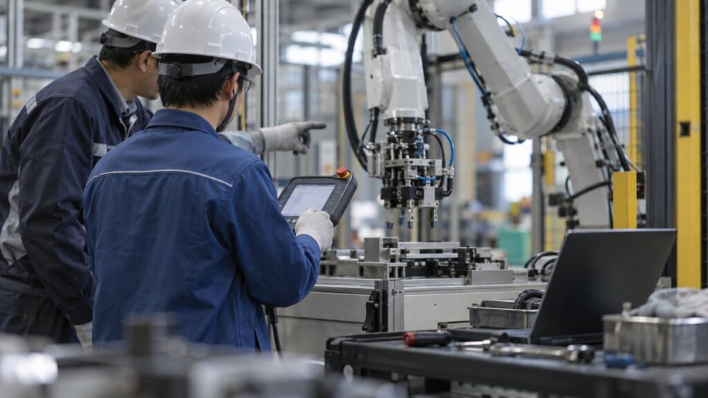 技術者が操作端末で産業用ロボットを調整する様子