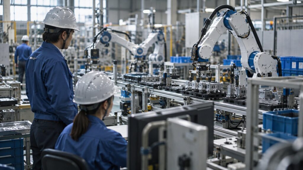 少人数でロボット生産ラインを監視する工場