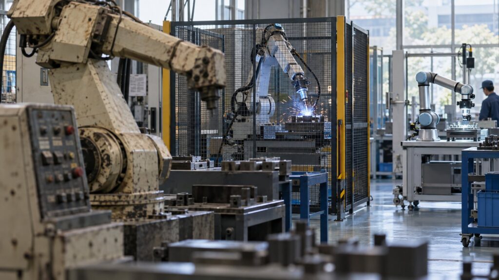 新旧の産業用ロボットが並ぶ製造現場
