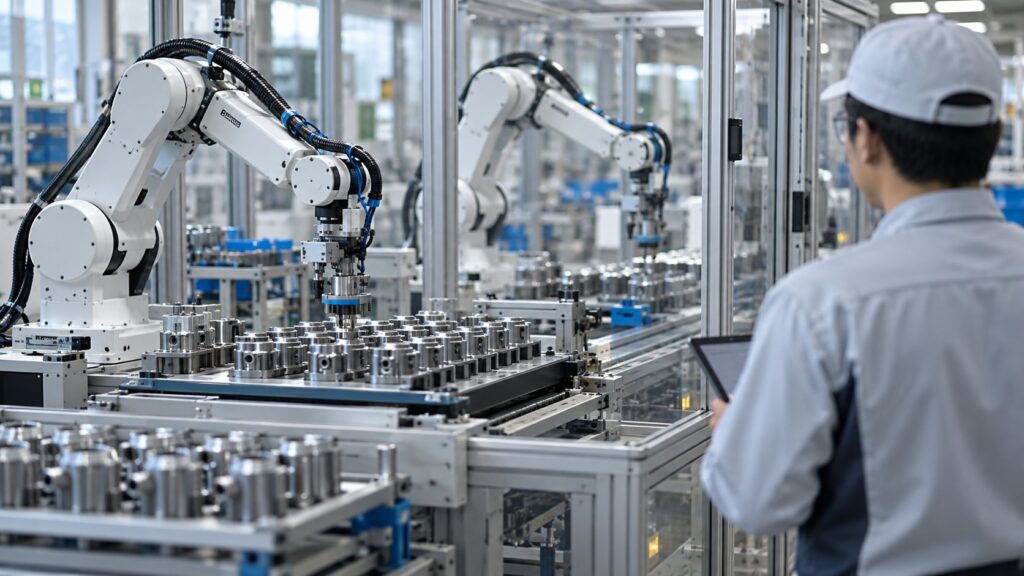 ロボットが金属部品を高精度に組み立てる工程