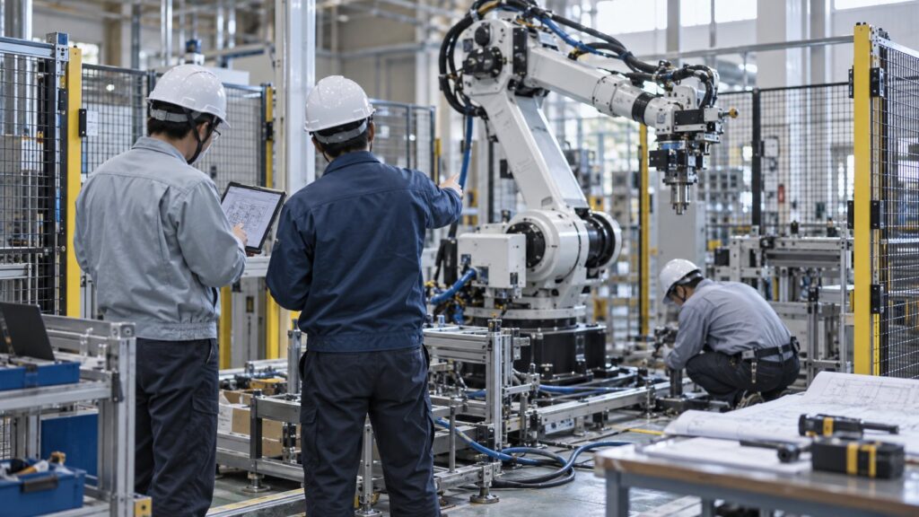産業用ロボットの導入作業を確認する技術者