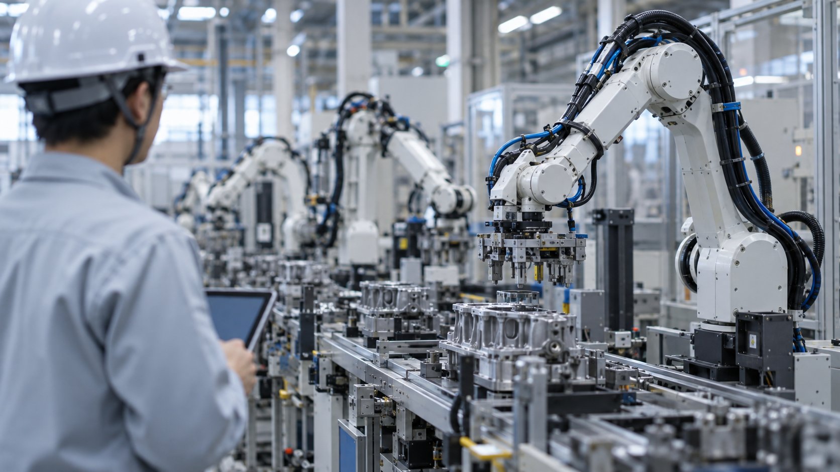 産業用ロボットが部品を組み立てる自動化工場