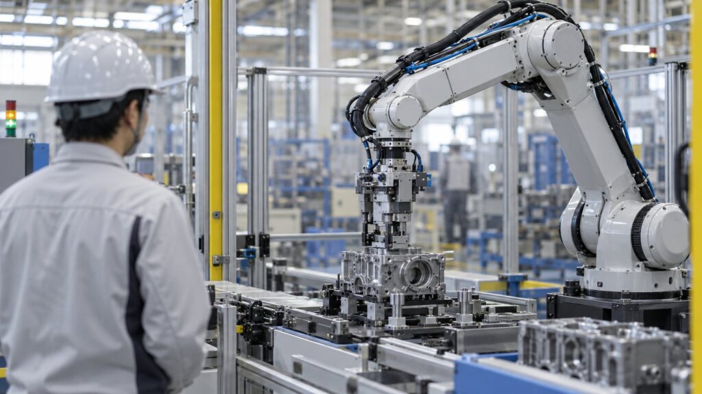 工場で金属部品を扱う多関節産業用ロボット