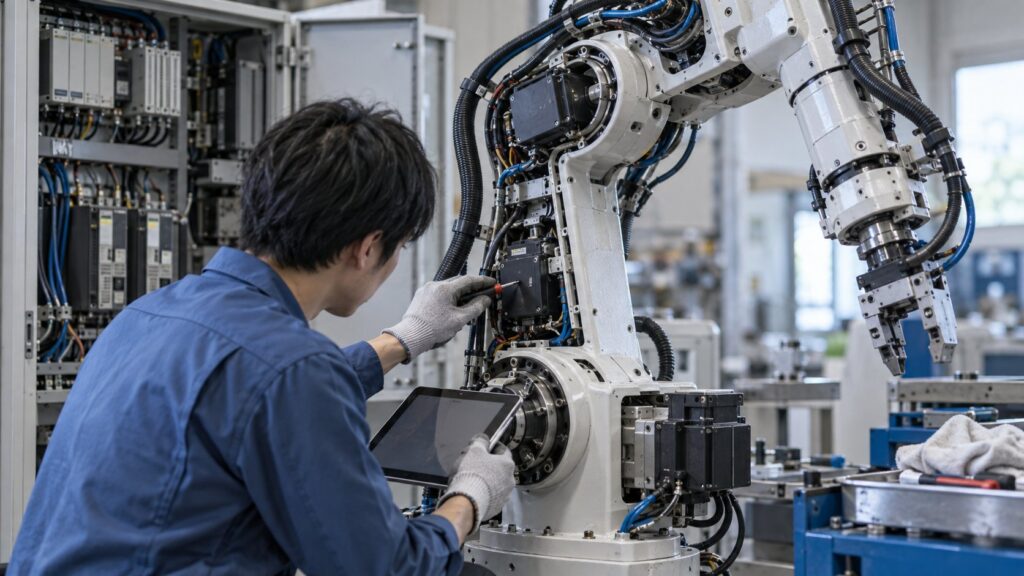 配線や関節機構を点検するロボット保全作業