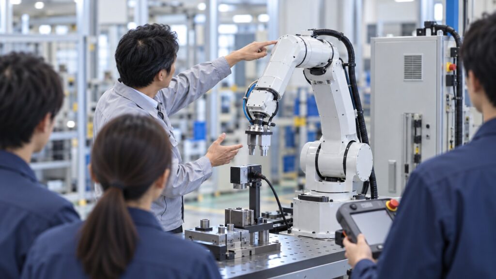 産業用ロボットの各部を説明する研修風景