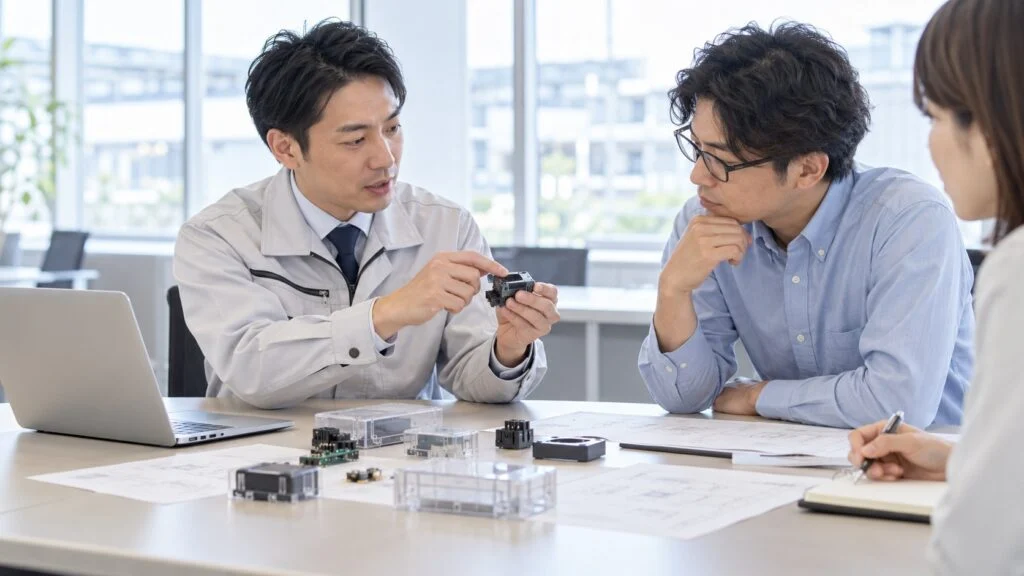 A sales engineer showing product samples to engineers at a customer meeting