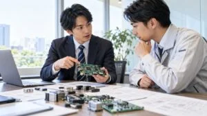 顧客の設計者と基板を見ながら打ち合わせる技術営業