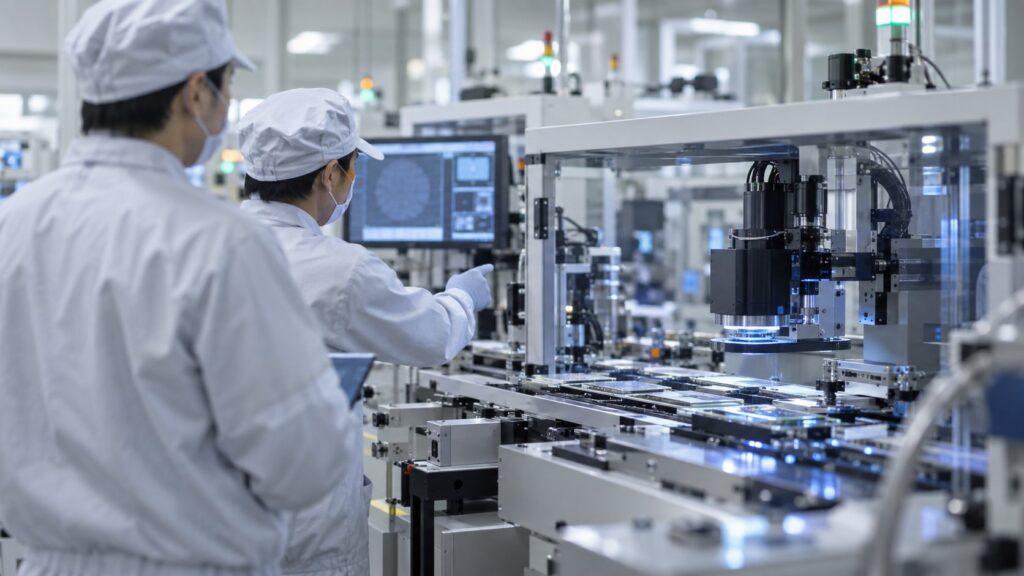 自動検査装置を確認する半導体工場の技術者