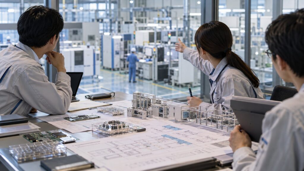 工場設備の導入計画を検討する技術者チーム