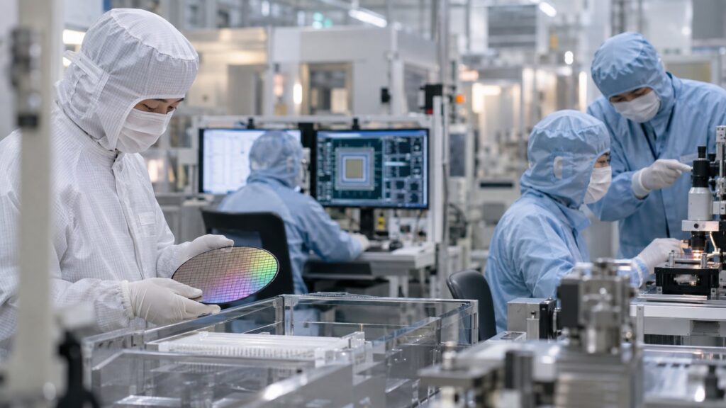 クリーンルームで半導体製造に従事する技術者