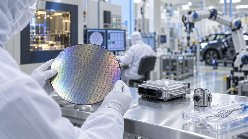 半導体ウェハーと産業機器を扱うクリーンルーム