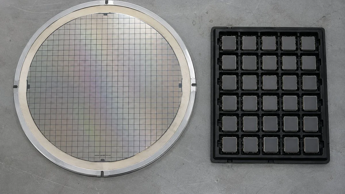 ダイシングテープに貼られたウェーハと完成した半導体パッケージ