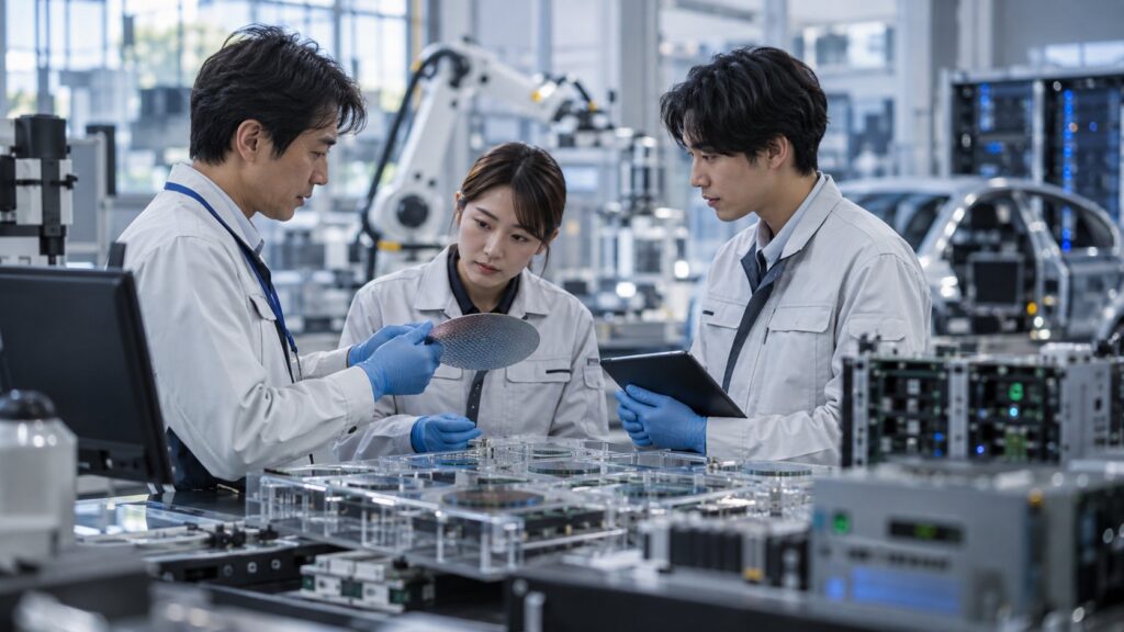 技術者が半導体ウェハを囲んで検討する研究現場