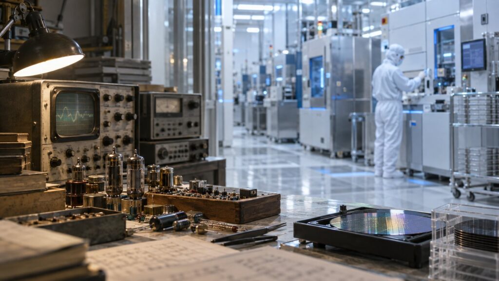 旧式電子機器と最新半導体設備が並ぶ製造現場