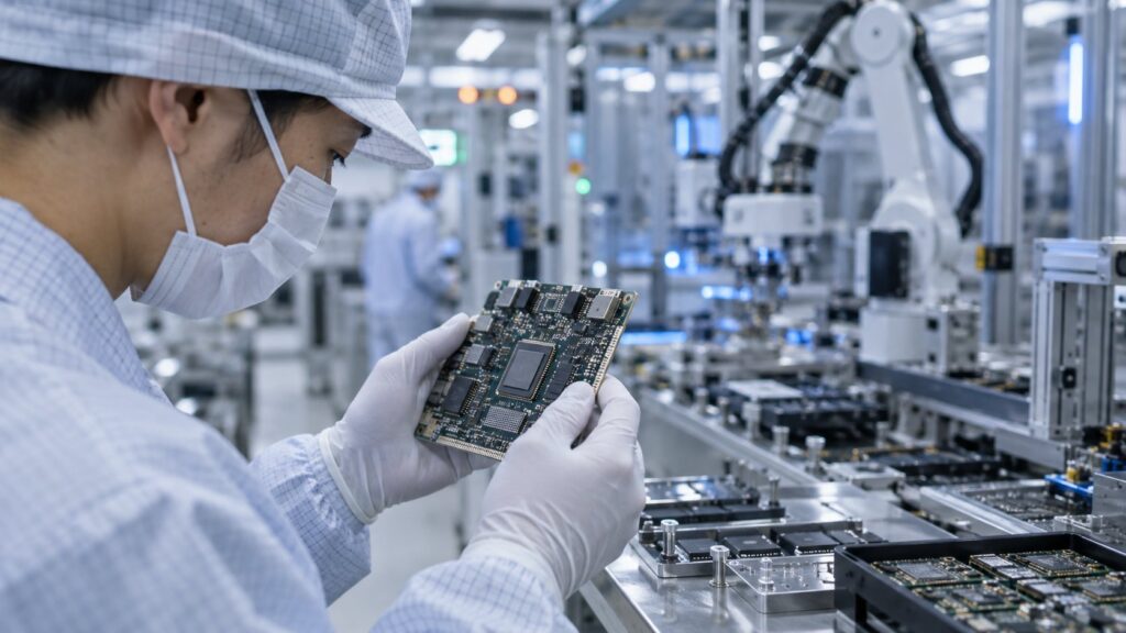自動化設備の中で精密基板を検査する技術者