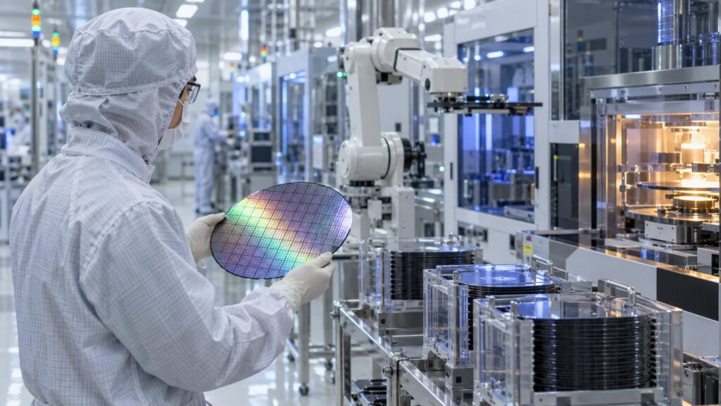 クリーンルームでウェハを確認する半導体製造現場