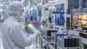 クリーンルームでウェハを確認する半導体製造現場