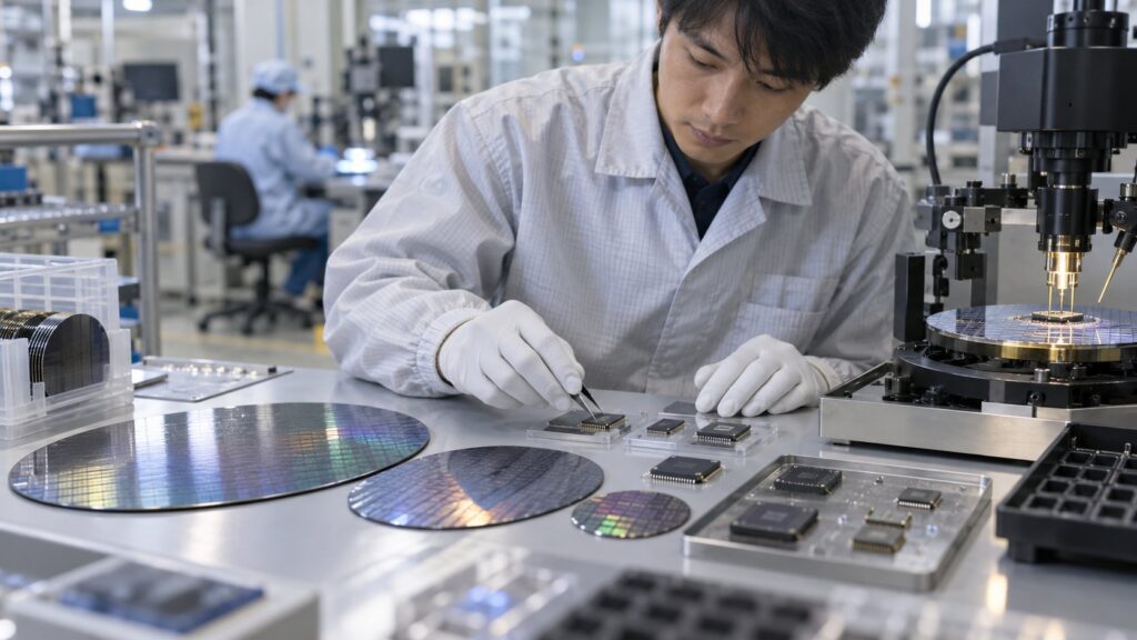 複数のウェハと半導体チップを比較する技術者