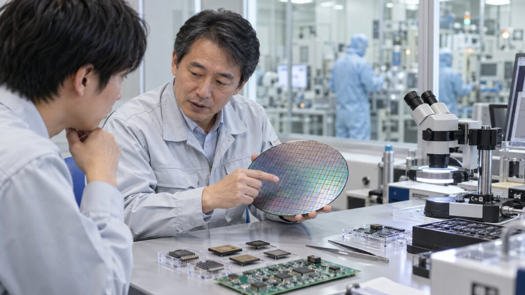 ウェハと半導体部品を使って説明する技術者
