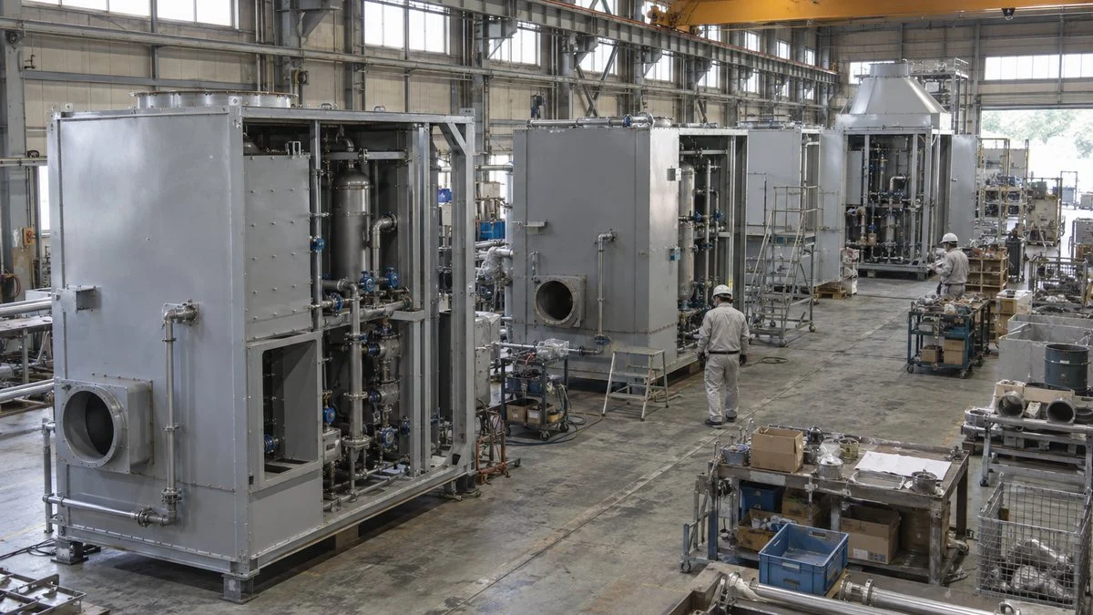 組立工場で製造中の排ガス処理装置の筐体