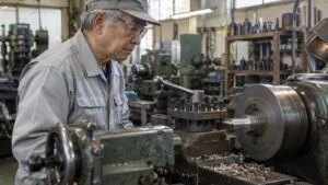 汎用旋盤で部品を加工する60代の作業者