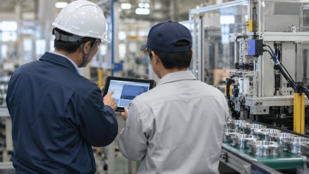 導入したセンサー設備をタブレットで確認する現場