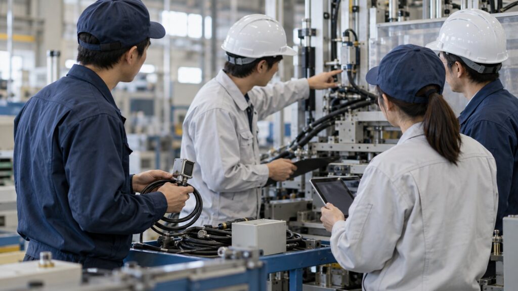 工場設備へのセンサー設置位置を検討する技術者