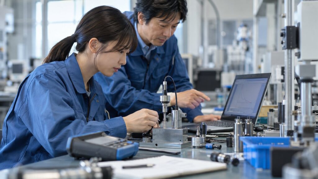 計測機器を調整し測定結果を確認する技術者