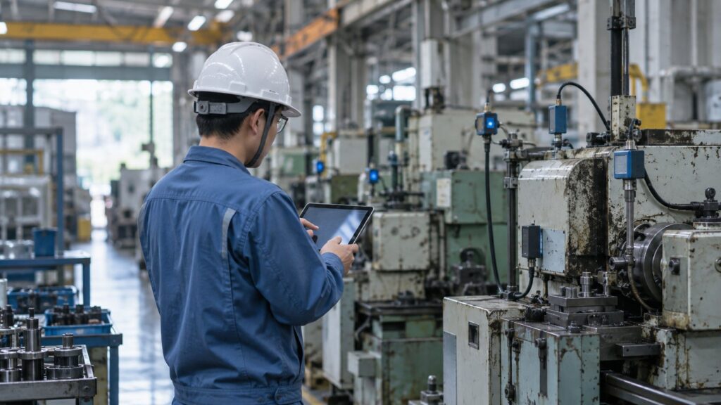 既存設備にセンサーを設置し監視する作業員