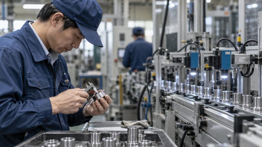 手作業測定と自動センサー検査が並ぶ工場
