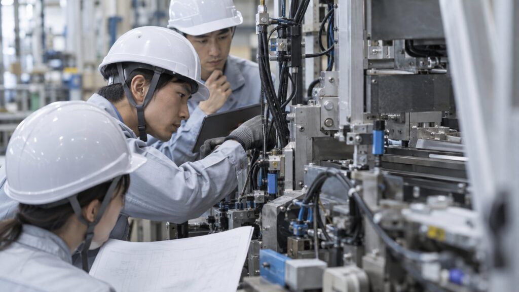 センサー導入設備を点検・調整する技術者たち