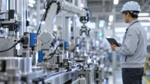 センサー付き自動化ラインを確認する技術者