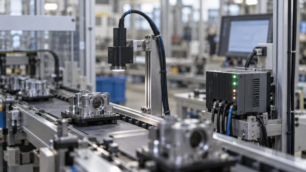 センサーと制御装置で部品を自動検査する生産ライン
